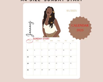 May include: A printable calendar for January 2025 with a Sunday start. The calendar features a stylized illustration of a woman with brown hair and a white top. The text "CALENDAR 2025" is in a red circle.