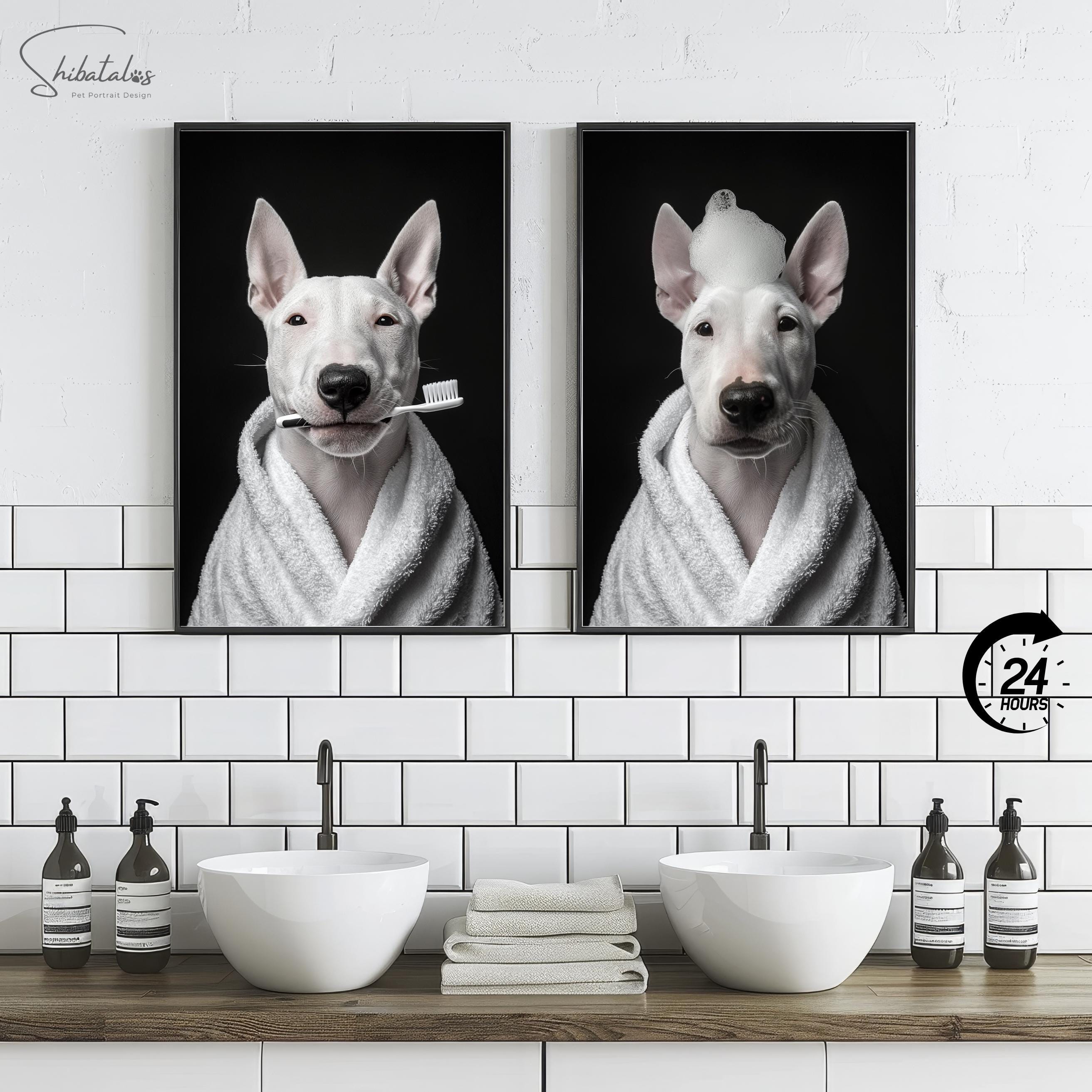 Custom Pet Bathroom Portrait Photo, Funny Pet Poster, Pet Wearing Bath Robe, Dog Wall Art, Dog in Toilet, Personalized Mother's Day gift