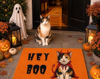 Personalized Halloween Cat Doormat, Custom Pet Portrait Welcome Mat, Spooky Cat Lover Gift