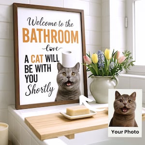 Custom Cat Bathroom Art: Funny Pet Portrait Sign