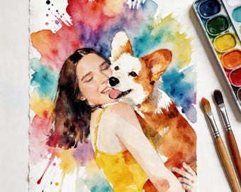 Custom Pet and Owner Watercolor Portrait, Watercolor Splash Pet Family Art, Personalized Family Artwork, Dog Cat Memorial Gift