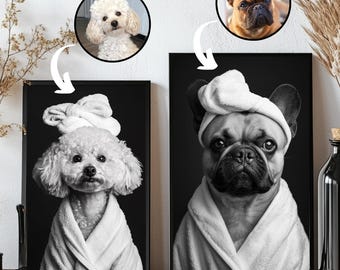 Mother&#39;s Day Custom Pet Portrait, Funny Bathroom Art, Dog Reading Newspaper on Toilet, Dog Cat Wall Art, Dog in Toilet, Pet in Bathtub