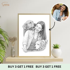 Personalized Family Portrait with Pet, Pencil Sketch Portrait with Pet, Pet family Drawing from Photo, Owner and Pet Drawing from Photo