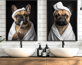 Divertidos dibujos de perros para el baño, retratos personalizados de mascotas, decoración de perros en la bañera, láminas originales.