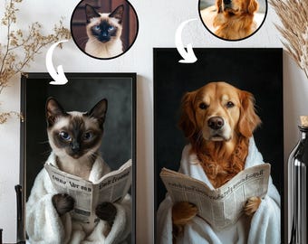 Funny Pet Portrait, Custom Dog in Bathroom, Humorous Wall Art