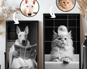 Custom Pet Portrait Photo,Funny Bathroom Art,Dog Reading Newspaper on Toilet,Dog Wall Art,Dog in Toilet,Pet in Bathtub,Personalized pet gift