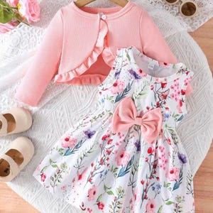 女の子用春秋ドレスセット、ニットカーディガン付き花柄ドレス