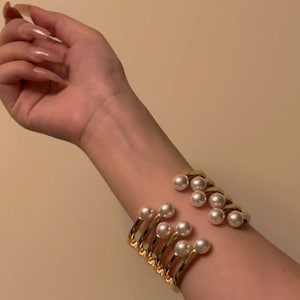 Gold Pearl Cuff Bracelet: Multi-Layer Statement Jewelry, Modern Open Design