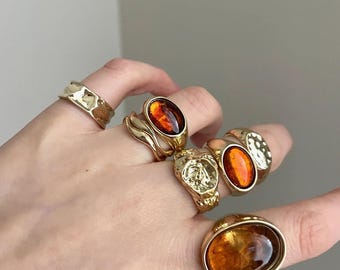 Gold Amber Statement Ring Set - Vintage Textured Adjustable Rings