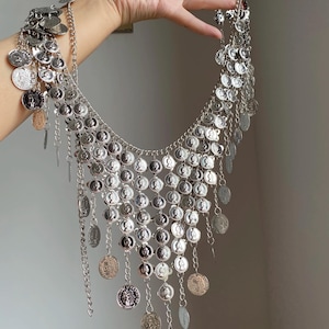 ボヘミアン風コインベリーチェーンベルト、フェスティバルコインベルト、ジプシーウエストチェーン、シルバーコインベルト、ベリーダンスベルト、ボヘミアン風ボディチェーンジュエリー
