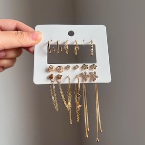 Gold Dainty Stud Hoop Earring Set, Minimalist Layered Jewelry