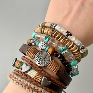 Boho Leder Perlen Armband Stack, verstellbares gewebtes Armband Set