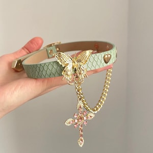 Leather Choker | Elegant Gothic Butterfly Cross Necklace | Statement Punk Style Collar | Vintage Gold Chain Jewelry