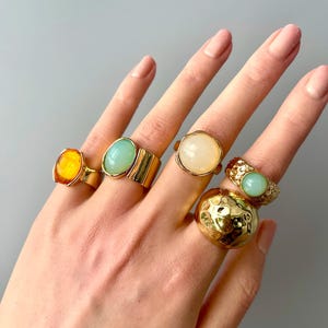 Gold Statement Ring Set, Chunky Ring Stack, Colorful Cabochon Rings, Classy Dream Jewelry, Fashion Ring Bundle Gift