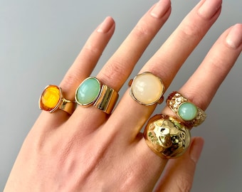 Gold Statement Ring Set, Chunky Ring Stack, Colorful Cabochon Rings, Classy Dream Jewelry, Fashion Ring Bundle Gift