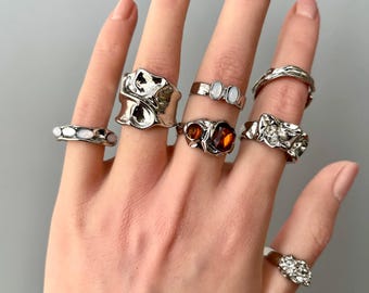 Gemstone Liquid Metal Ring Set, Adjustable Chunky Rings, Minimalist Gift