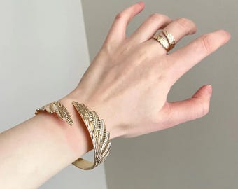 Gold Angel Wing Cuff Bracelet and Ring Set