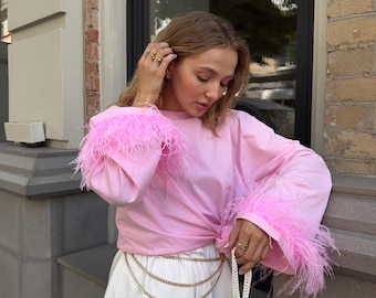 Oversized Feathers Long Sleeve | Luxury Pink Top | Detachable Feather Sweatshirt | Basic Ostrich Outfit | Wide Sleeve  Boyfriend Fit Tee