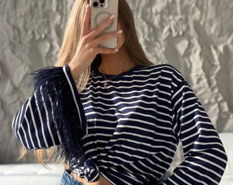 Maglia a maniche lunghe con piume oversize / Top a righe di lusso / Felpa con piume staccabili / Completo base da struzzo / Maglietta a maniche larghe stile boyfriend