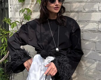 Maglia a maniche lunghe con piume oversize / Top nero di lusso / Felpa con piume staccabili / Completo base da struzzo / Maglietta a maniche larghe stile boyfriend