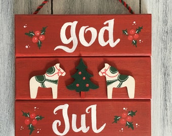 Swedish Christmas Decorations, Dala Horse Decorations, Hygge Christmas Decorations, Norwegian God Jul Sign, Scandinavian Christmas Decor,