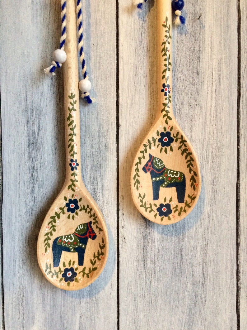 Swedish Kitchen Decor, Dala Horse, Swedish Gifts, Rosemaling, Scandinavian Decor, Swedish Kitchen, Wooden Spoons, Handmade Wood Decor image 3