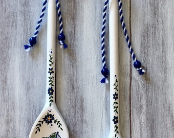 Swedish Kitchen Decor, Two Dala Horse Spoons, Swedish Gifts, Rosemaling, Scandinavian Decor, Swedish Kitchen, Two Wooden Spoons