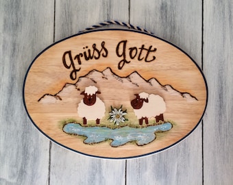German Wood Sign, German Gifts, Gruss Gott, German Wall Decor, Willkommen Sign, Bavarian Deco, Landhaus Deko, Woodburned Bavaria Sign