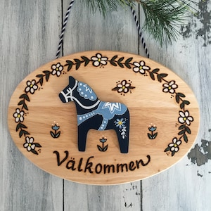 Swedish Welcome Swedish Folk Art Swedish Gifts Scandinavian Decor Swedish Door Sign Dala Horse Swedish Decor Valkommen Sign