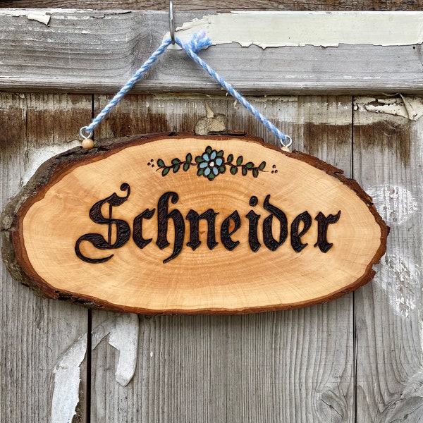 German Name Sign, German Gifts, Woodburned Name Sign, Willkommen Sign, German Door Hanger Sign, Rothenburg, Personalized Wood Name Sign