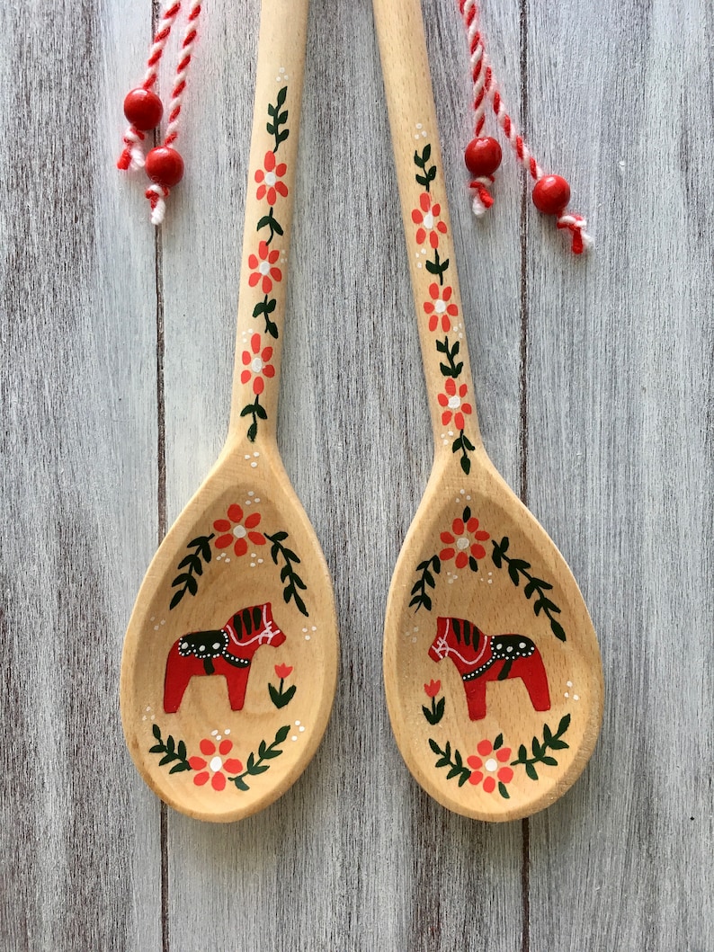 Swedish Kitchen Decor, Dala Horse, Swedish Gifts, Rosemaling, Scandinavian Decor, Swedish Kitchen, Wooden Spoons, Handmade Wood Decor image 2