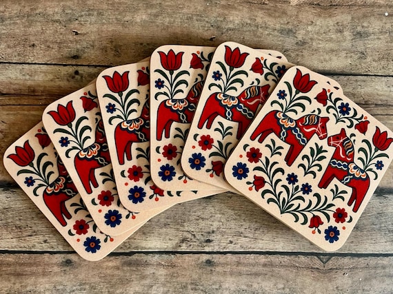 Swedish Dala Horse Coaster Set: Scandinavian Drink Coasters