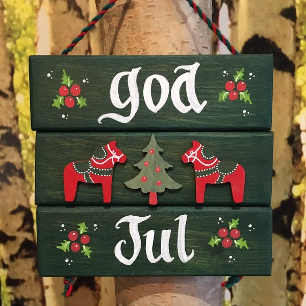 Sweden Christmas, Dala Horse, Swedish Christmas Decorations, God Jul Sign, Scandinavian Decor, Nordic Christmas, HAND PAINTED