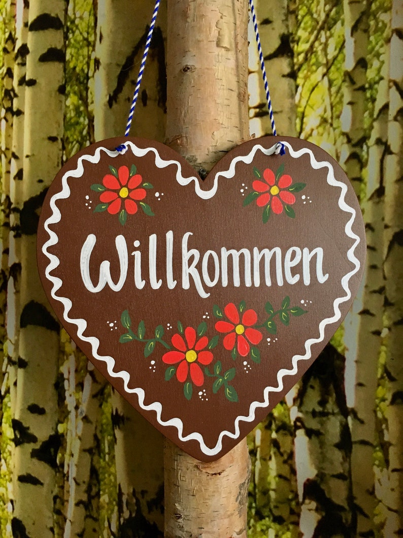 WILLKOMMEN SIGN, German Sign, Large 9-inch, Gingerbread Heart, Bavarian Gifts, Frohe Weihnacht, Door Sign, Door Hanger, Oktoberfest Decor image 2