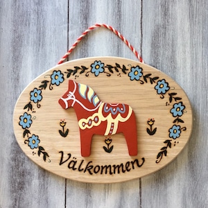 Swedish Welcome Sign, Dala Horse, Swedish Sign, Swedish Gifts, Swedish Decor, Välkommen Sign, Gift for Swedish Friend, HANDMADE