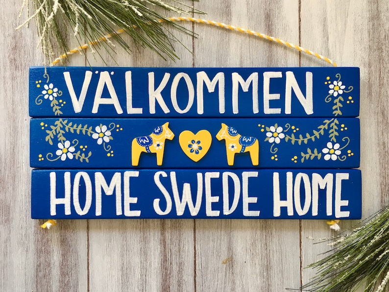 Swedish Valkommen Sign, Scandinavian Decor, Swedish Dala Horse, Välkommen, Home Swede Home, Swedish Decor, Dala Horse, Hand Painted image 1