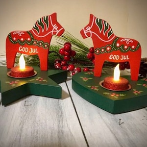 Handmade Dala Horse Christmas Tea Light Holders: Swedish CHRISTMAS Decorations (Set of 2), Scandinavian Candle Holders, Swedish Hygge Decor