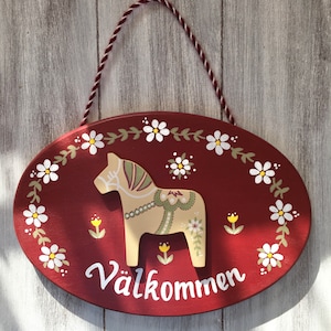 Schwedisches Valkommen Zeichen, Dalapferd, Dala Zeichen, schwedisches Zeichen, schwedische Geschenke, schwedische Dekoration, Välkommen Zeichen, Geschenk für schwedischen Schweden-Liebhaber