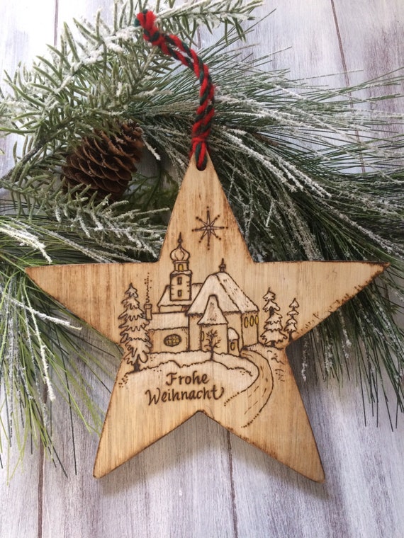 Wood and Glitter Vintage Card Image Silent Night Church Christmas Tree Ornament Holiday Decoration C368