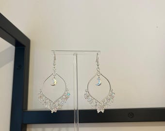 Crystal Crescent Moon Dangle Earrings, Silver Celestial Jewelry