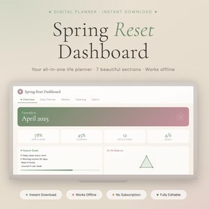 May include: Digital planner with the text "Spring Reset Dashboard." The interface displays sections for overview, daily planner, weekly, cleaning, and habits. It shows progress for April 2025, including habits done, cleaning, decluttered items, and goals.