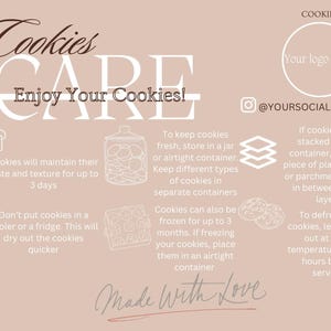 Tarjeta de cuidado de galletas, plantilla de Canva, fácil de editar, galletas con glaseado real, congelación y descongelación de galletas