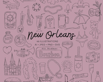 Mega Pack de ilustraciones de Nueva Orleans: 46 imágenes dibujadas a mano