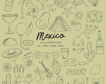 May include: A collection of 41 black and white illustrations with a Mexico theme. Includes images of a margarita, tequila bottle, sombrero, avocado, pyramid, guitar, and the word "Mexico".