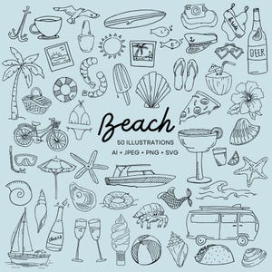 Pacote Completo de Ilustrações de Praia - 50 Imagens Desenhadas à Mão