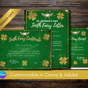 May include: A set of St. Patrick's Day Tooth Fairy stationery. Includes a certificate, letter, and receipt, all in green with gold accents. Features shamrocks, an owl, and the text "Tooth Fairy". Includes a bonus gift.