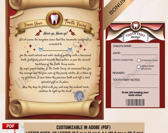 Medieval Themed Tooth Fairy Letter & Receipt Set, Tooth Fairy Printable, Editable in Adobe, Tooth Fairy Note, Digital Download, Lost Tooth