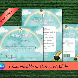 Könnte beinhalten: Zahnfee-Briefpapier-Set mit Regenbogen- und Kobold-Motiv. Enthält eine Urkunde, eine Notiz und eine Quittung. Der Text lautet "Tooth Fairy Certificate" und "A Lucky Little Note From The Tooth Fairy". Anpassbar in Canva & Adobe.