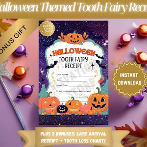 Könnte beinhalten: Ein Halloween-Zahnfee-Beleg mit Kürbissen und Fledermäusen. Der Beleg enthält Felder für den Namen des Kindes, das Datum und die Belohnung. Das Bild enthält auch ein Bonusgeschenk und den Text 'Sofort-Download'.
