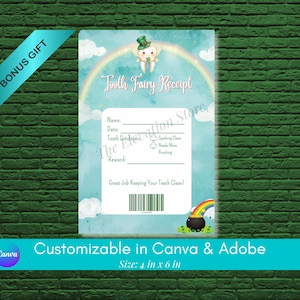 Könnte beinhalten: Ein Zahnfee-Beleg mit Regenbogen, Leprechaun-Zahn und einem Goldtopf. Der Beleg ist hellblau mit Textfeldern für Name, Datum und Belohnung. Die Größe beträgt 10,16 cm x 15,24 cm. Enthält den Text "Bonus Geschenk".